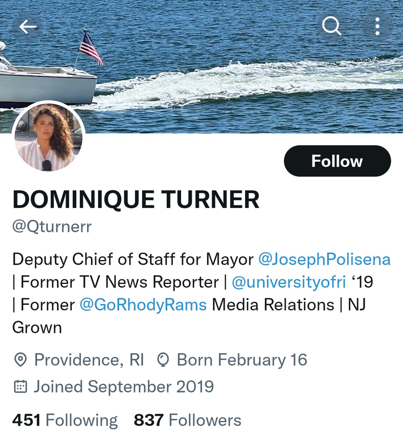 OFF SCREEN: Dominique Turner, a former ABC6 news reporter, announced her new job on Twitter last week. She will serve as Deputy Chief-of-Staff for Johnston Mayor Joseph Polisena Jr.